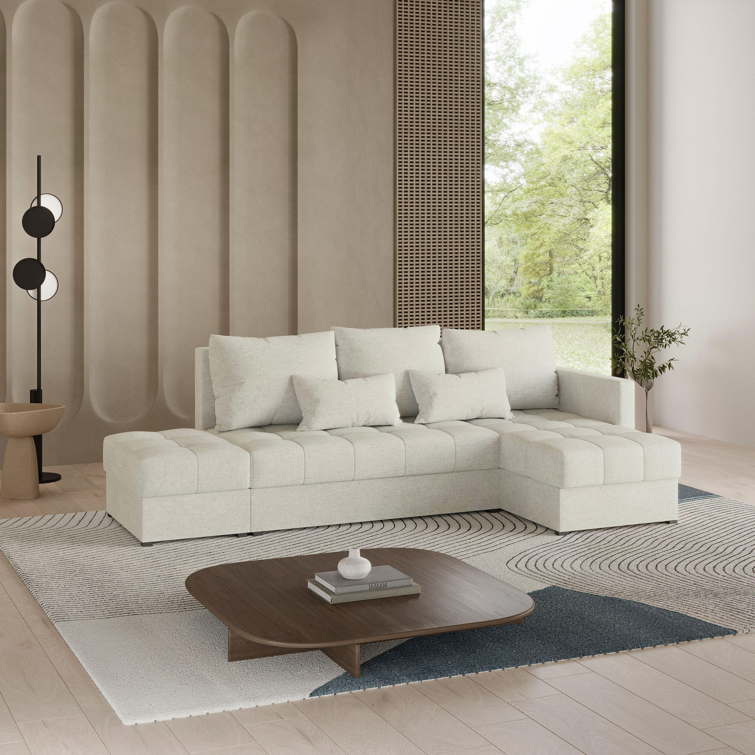 ECKSOFA LUMARI R-S Creme Plüsch-Stoff mit Schlaffunktion - Creme, Holz (262/143cm) - MASSENO