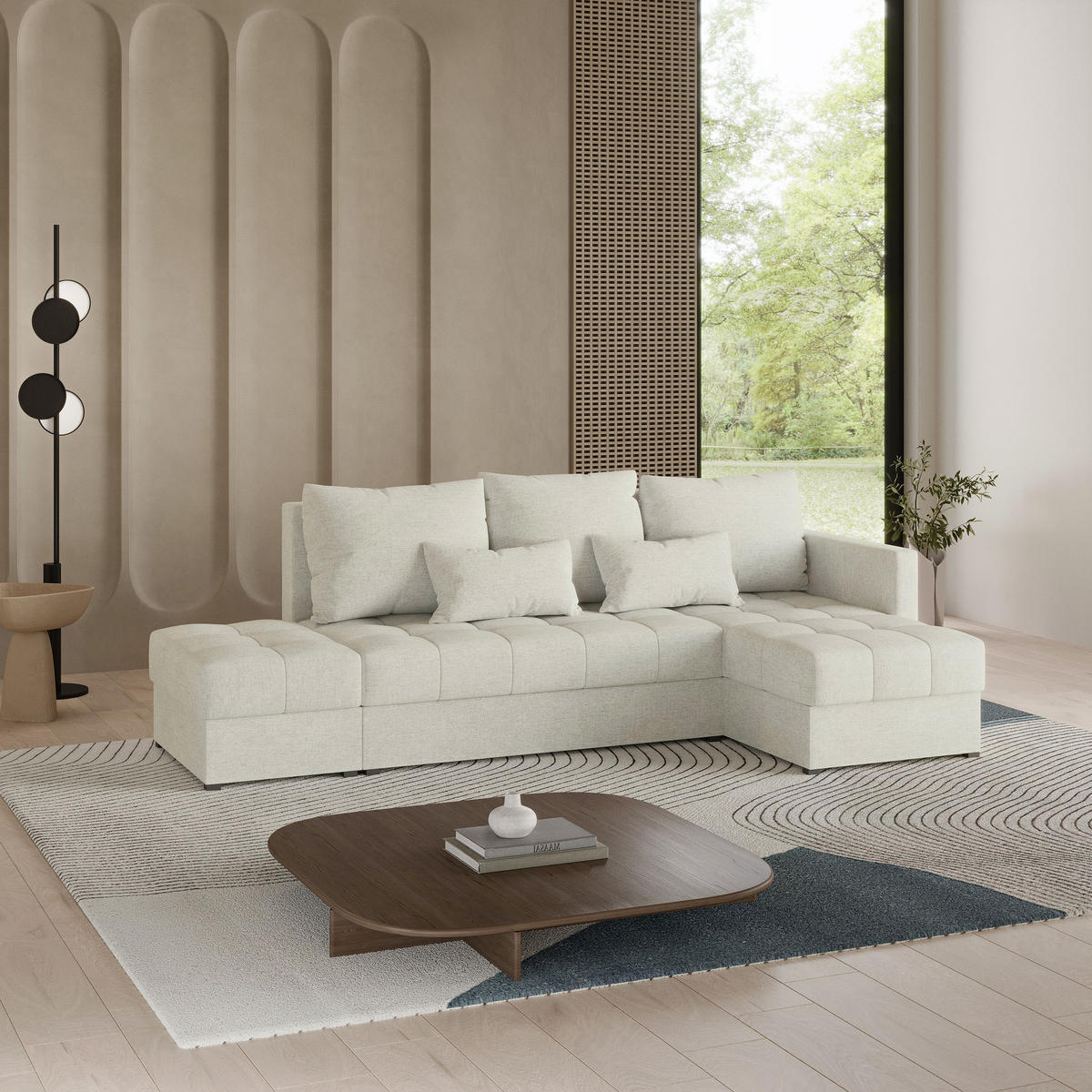 ECKSOFA LUMARI R-S Creme Plüsch-Stoff mit Schlaffunktion - Creme, Holz (262/143cm) - MASSENO