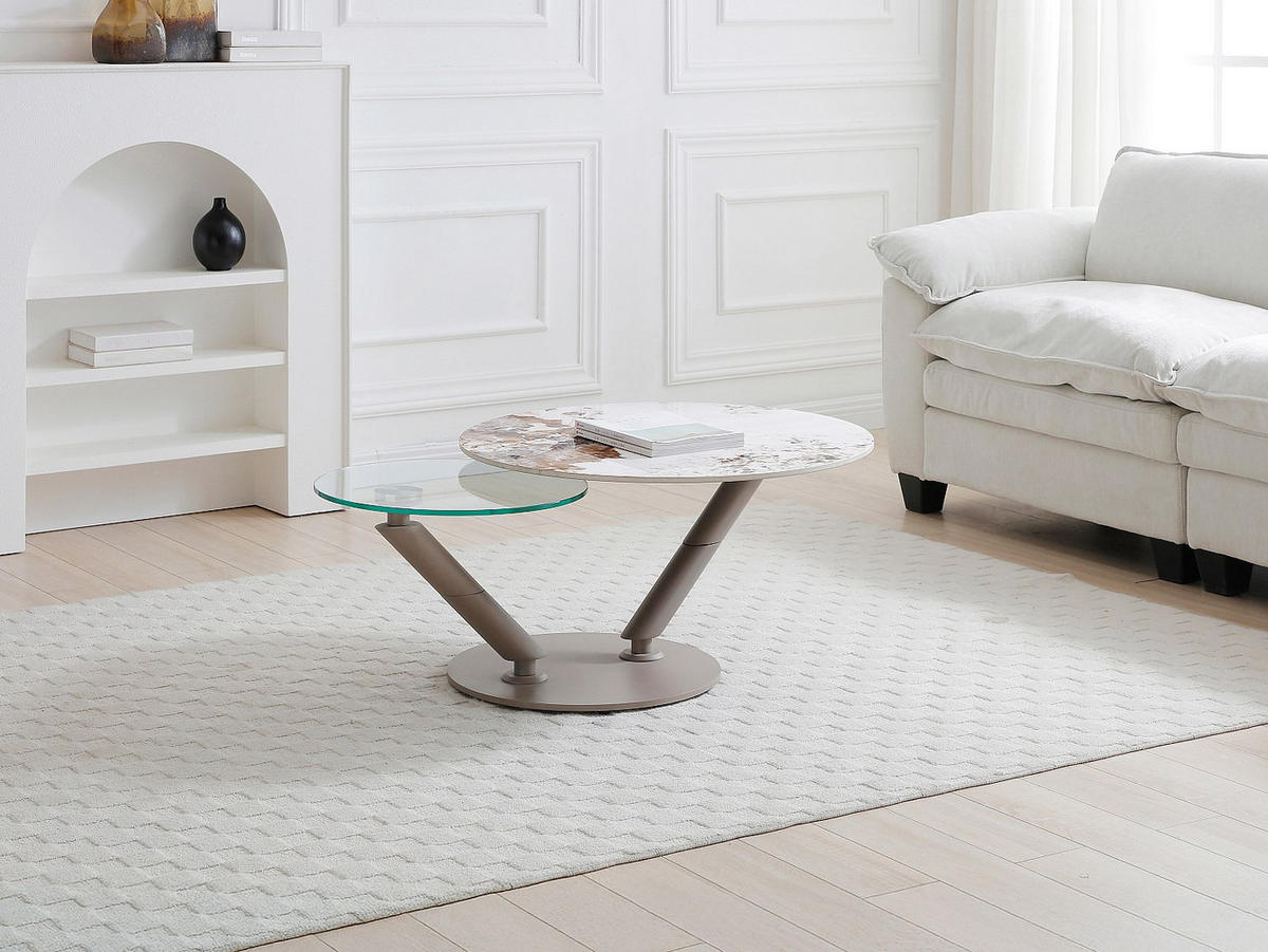 COUCHTISCH mit drehbaren Tischplatten - Keramik, Sicherheitsglas & taupefarbenes Metall - Marmor-Optik Weiß & Grau - ELDOVA - Taupe, Glas (130/80/43cm) - Vente-Unique
