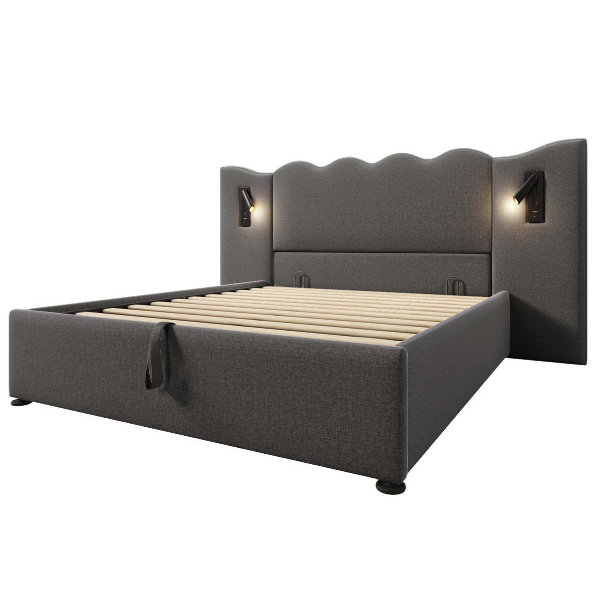 POLSTERBETT 160/200 cm Grau mit Leselampe und USB Type-C Ladefunktion - Grau, Textil (160/200cm) - OKWISH