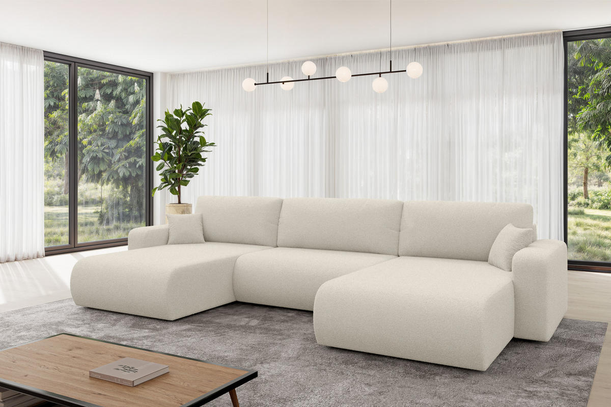 SEDACÍ SOUPRAVA DO U s funkcí spaní a úložným prostorem BERY-U 377x193x88 béžová bouclé - černá/písková barva, kompozitní dřevo/textil (377/88/193cm) - ALTDECOR
