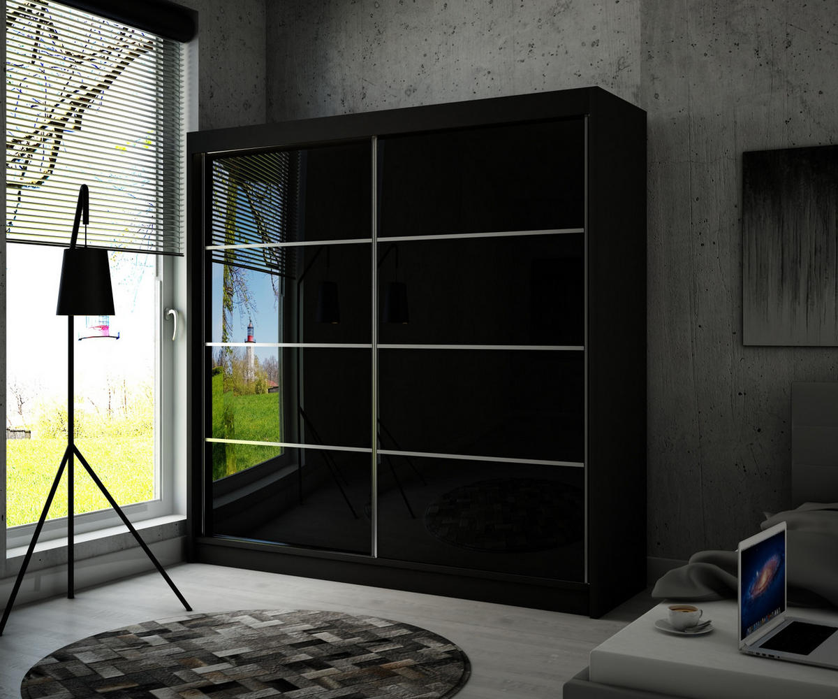 SCHIEBETÜRENSCHRANK TIPI III - Schwarz, Holzwerkstoff (200/215/61cm) - Meblini