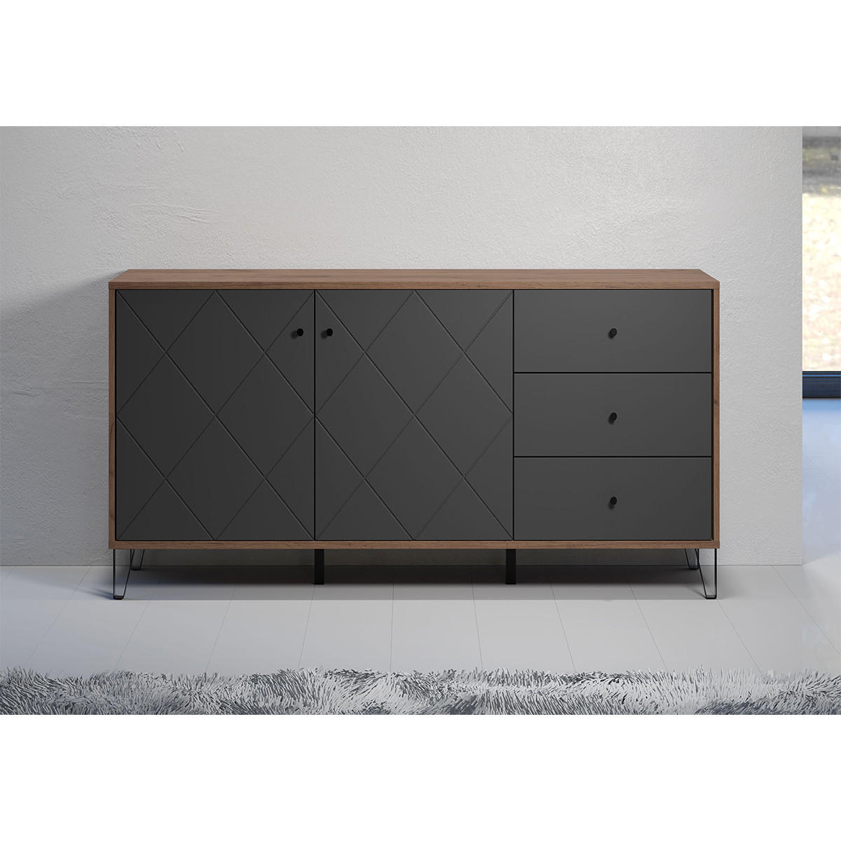 SIDEBOARD mit 2 Türen und 3 Schubladen B183 cm - Montez - Graphitfarben, Holzwerkstoff (183/76/40cm) - ebuy24