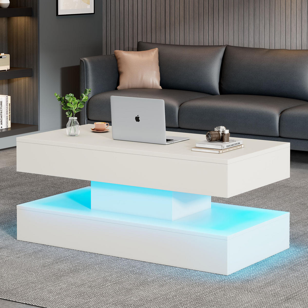COUCHTISCH 100/50/42 cm in Weiß mit LED-Beleuchtung und höhenverstellbarer Platte - Weiß, Holzwerkstoff (100/50/42cm) - Flora Grace