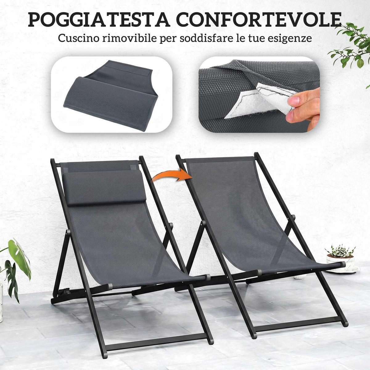 SONNENLIEGE Set aus 2 klappbaren Dunkelgrau 96,5 x 58 x 91,5 cm - Grau, Metall (60/85/100cm) - Vallsero