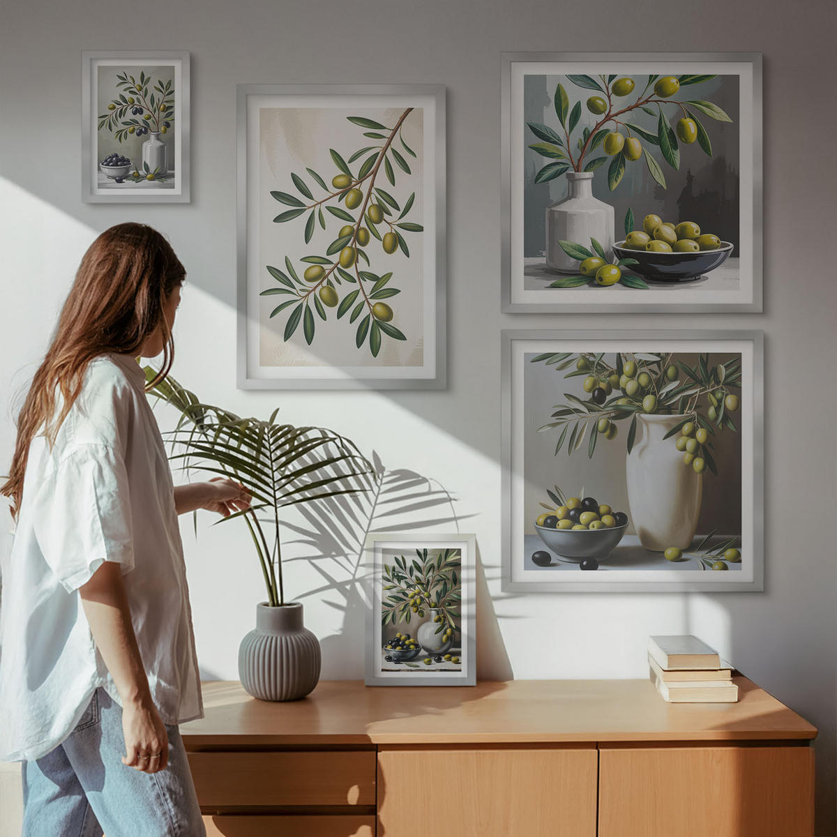 BILDER SET 5er Set - 50x50 cm & 20x30 cm & 40x60 cm Silberner Rahmen - Oliven in grauen Vasen - Silberfarben, Kunststoff (40/60cm) - TULUP