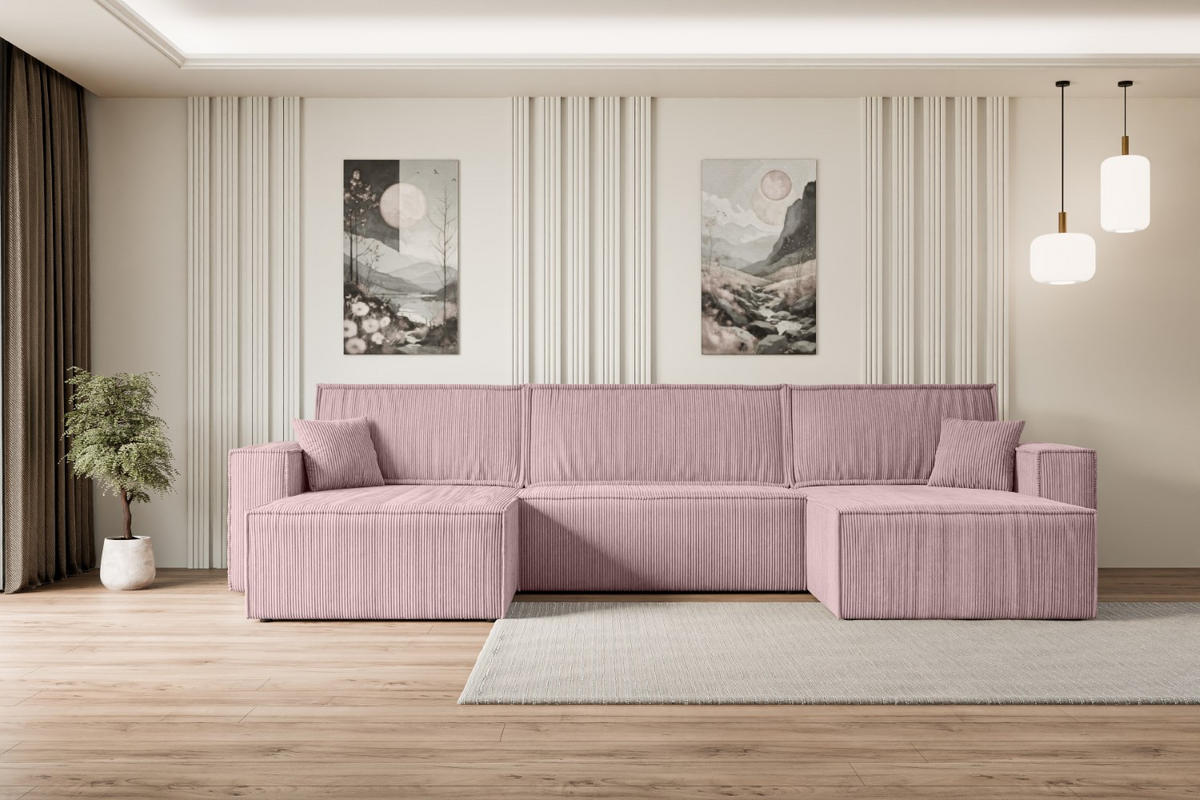 WOHNLANDSCHAFT mit Schlaffunktion und Bettkasten CELTIC-XLU - 377x143x83 cm Rosa Cord - Schwarz/Rosa, Holzwerkstoff/Kunststoff (377/83/143cm) - ALTDECOR