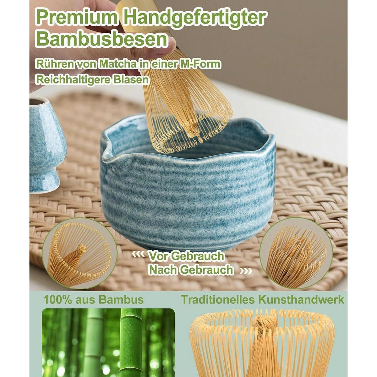 MATCHA Set 7-teilig Keramik Schale Bambus Besen Vintage Blau - Blau, Keramik (15/10/15cm)