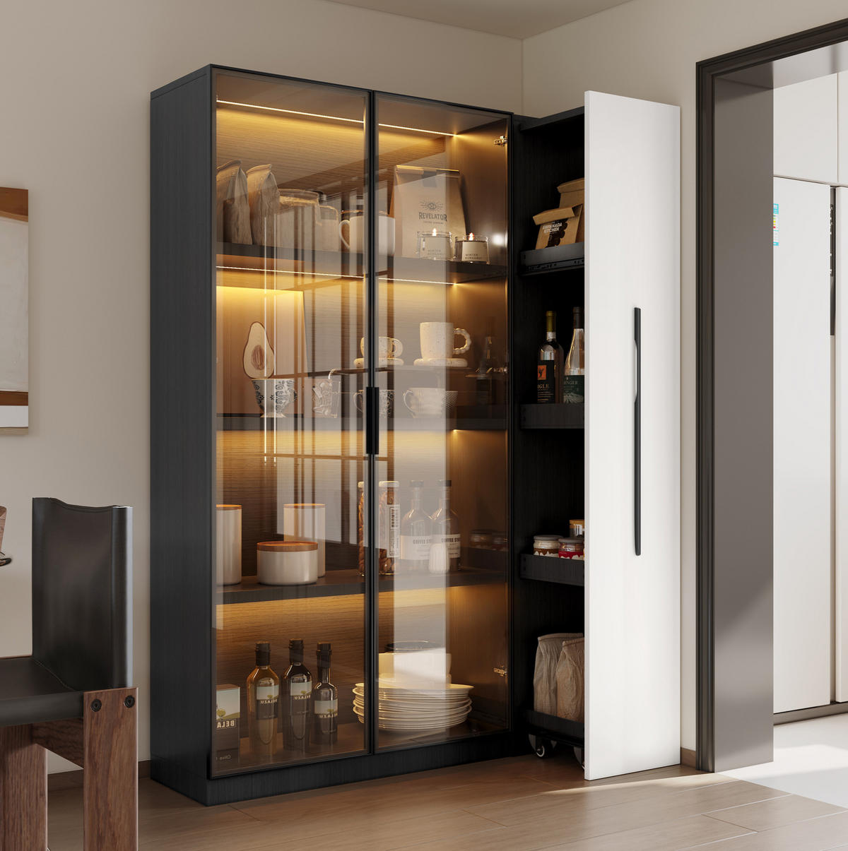 VITRINE 110,5/35/160 cm aus MDF und Glas mit LED-Vitrine und seitlichem Auszug Schwarz/Weiß - Schwarz, Holzwerkstoff (110.5/160/35cm) - Modenvie