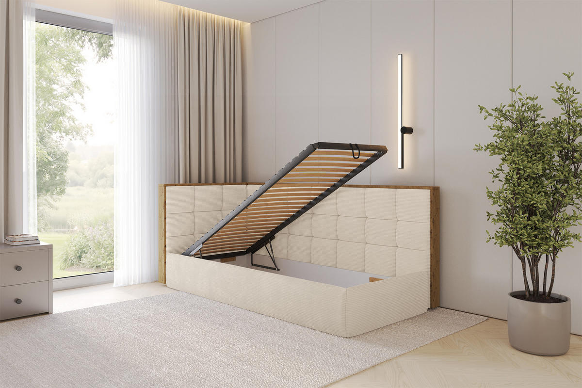 EINZELLBETT Jugendbett mit Bettkasten, Rechts - SOVY 100x200 Beige - Kaschmir, Holzwerkstoff/Textil (100/200cm) - ALTDECOR