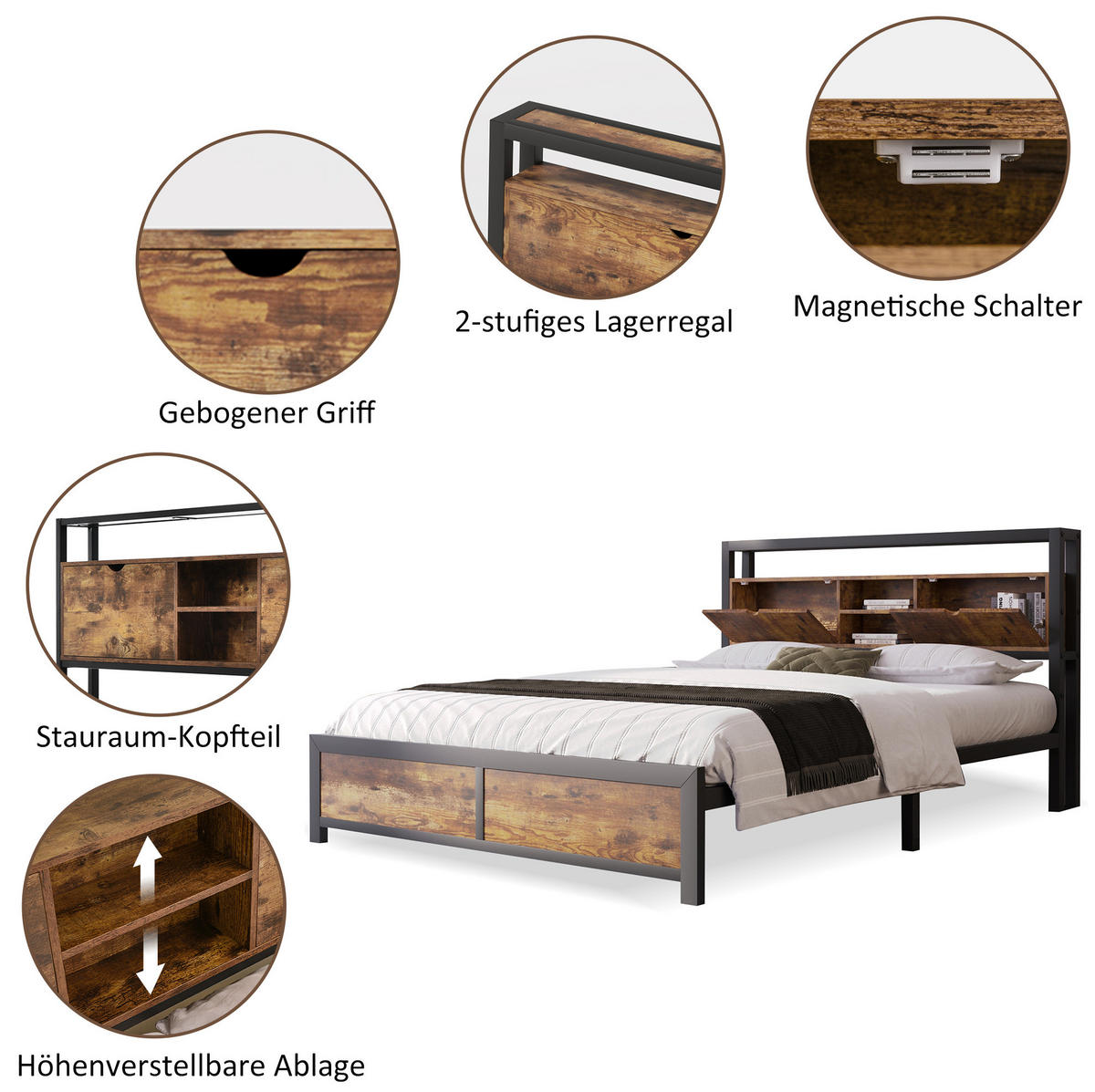 METALLBETT aus Metall & Holz 140x200 cm in Natur mit Stauraum-Kopfteil - Naturfarben, Metall (140/200cm) - Modfu