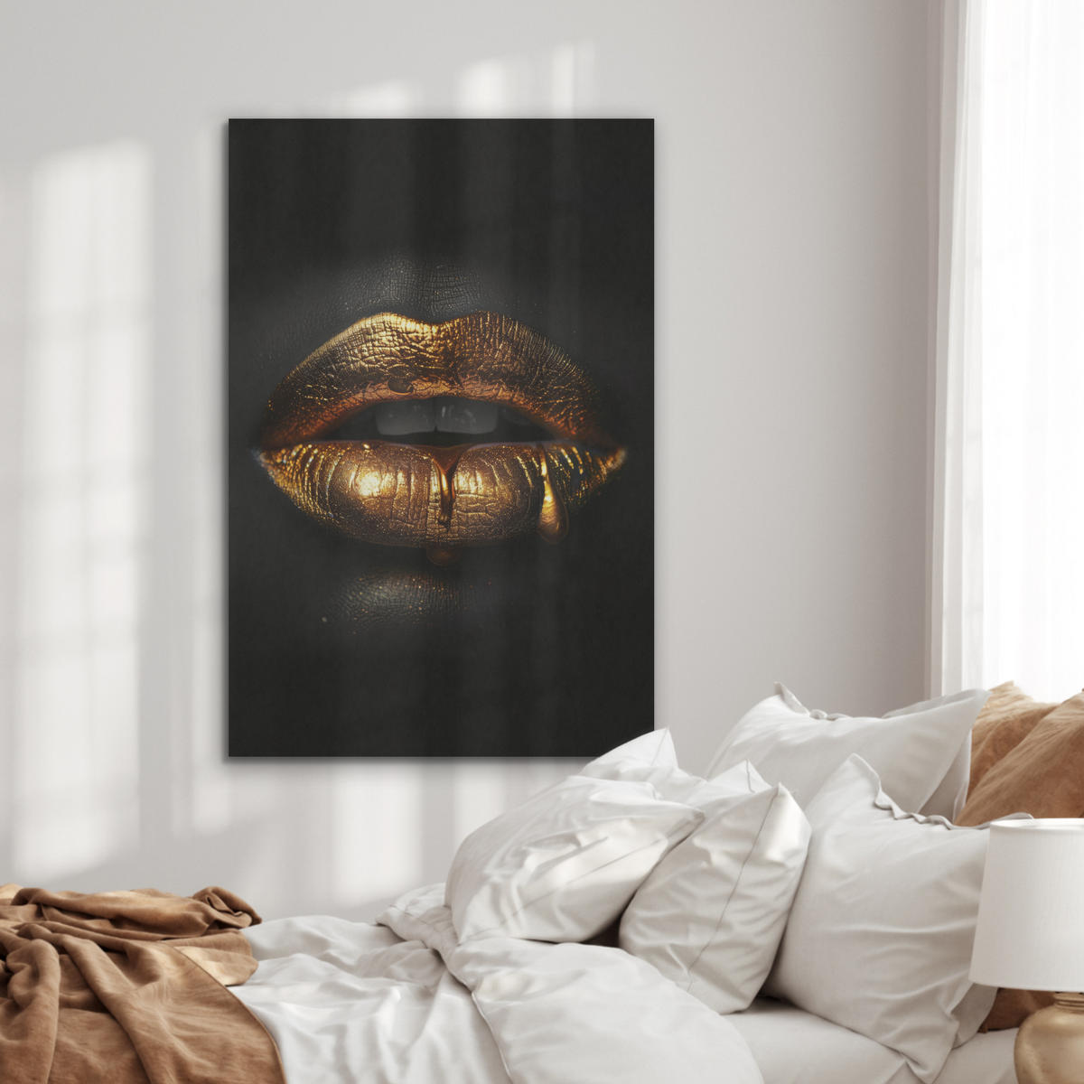 AKUSTIKBILD Frau - Porträt - Lippen - Gold - Schwarz Wanddeko 60x90 cm - Schwarz, Kunststoff (60/90/0.9cm) - MuchoWow