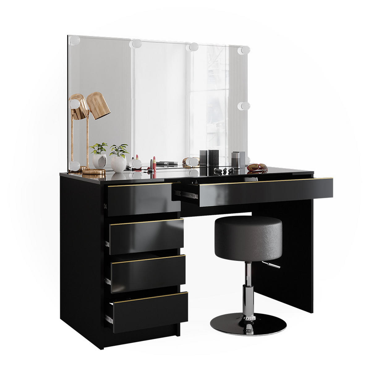 SCHMINKTISCH Sherry Schwarz/Gold 120 cm mit LED Beleuchtung und Hocker - Goldfarben/Schwarz, Holzwerkstoff (120/75/55cm) - Vicco