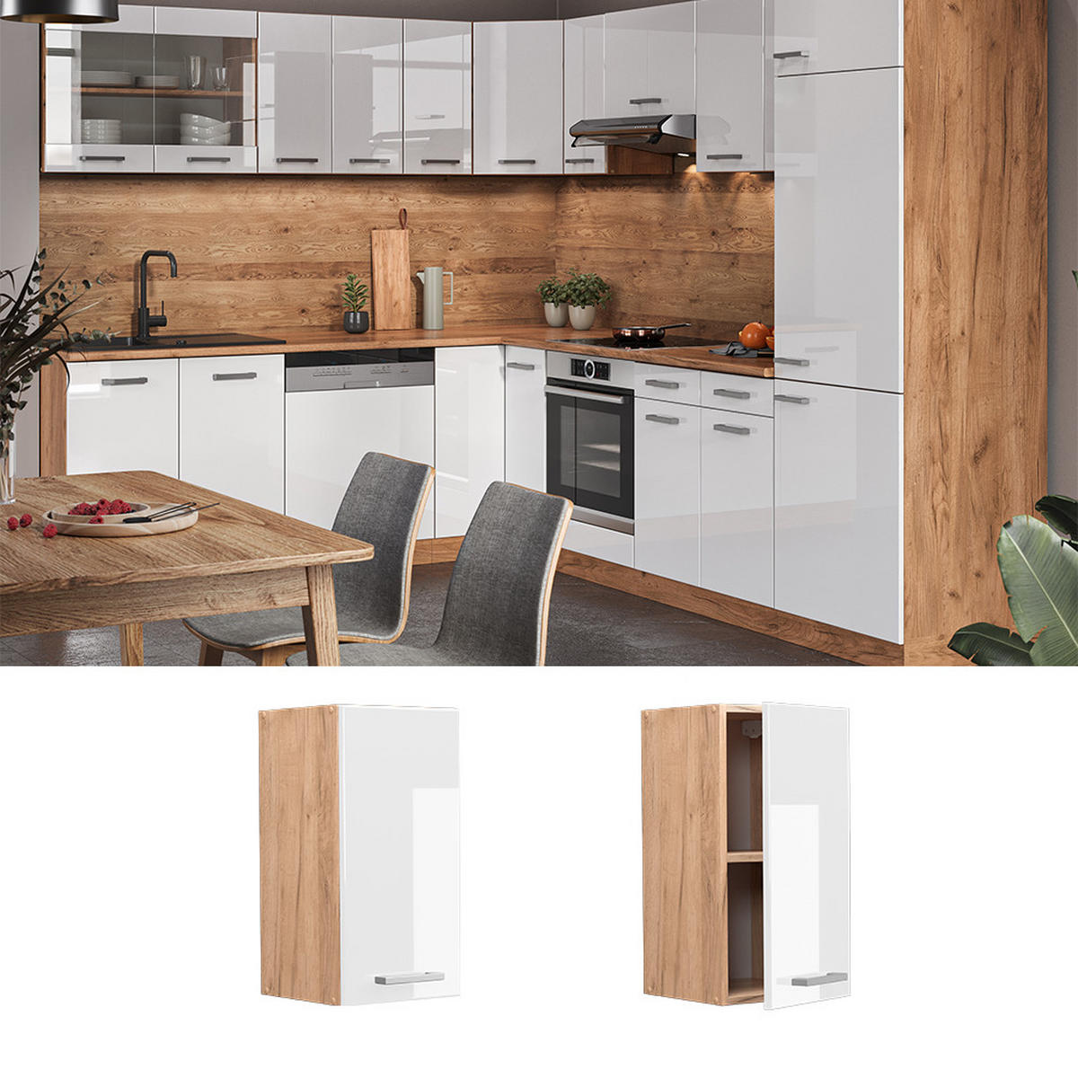 HÄNGESCHRANK R-Line Weiß Hochglanz 30 cm - Honigeiche/Weiß Hochglanz, Holzwerkstoff (30/60/31cm) - Vicco