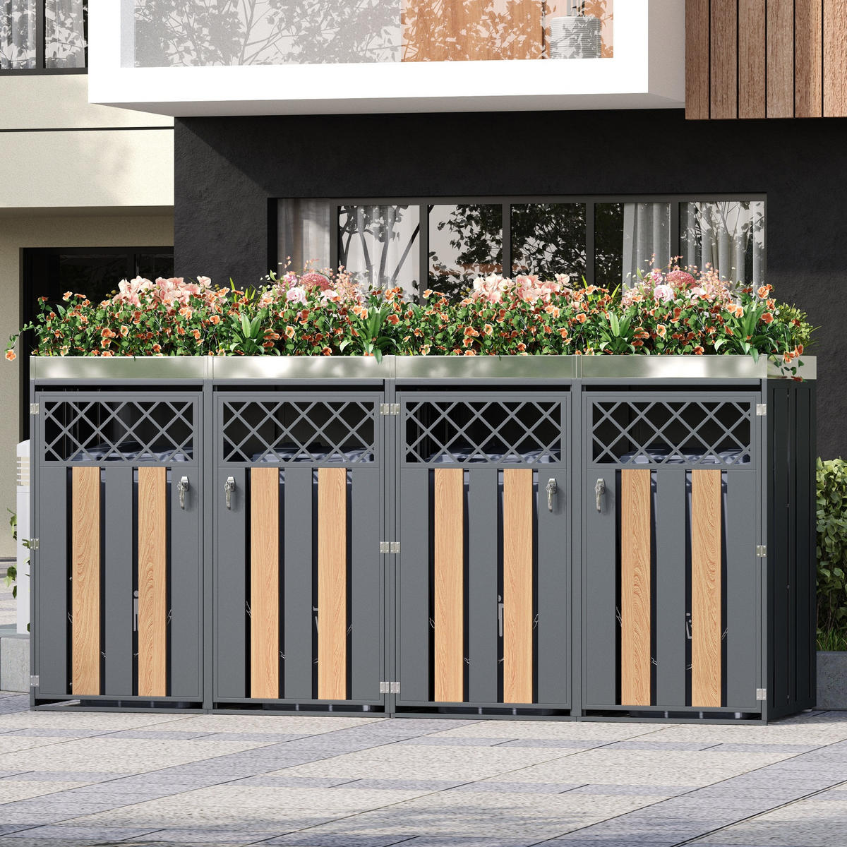 MÜLLTONNENBOX 4 Türen abschließbar Pflanzdach Belüftung - Multicolor, Metall (160/163/264cm) - FLIEKS