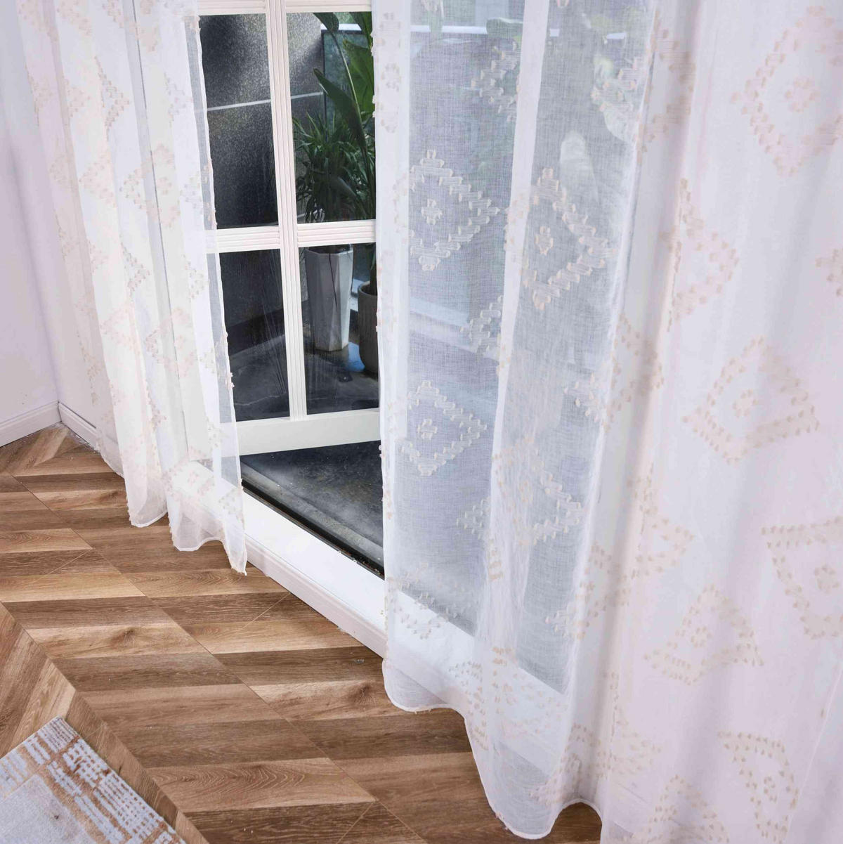 GARDINE VALENCIA HxB 245x145 cm Natur Taupe Chevron - Weiß, Textil (145/245cm) - Gardinenbox