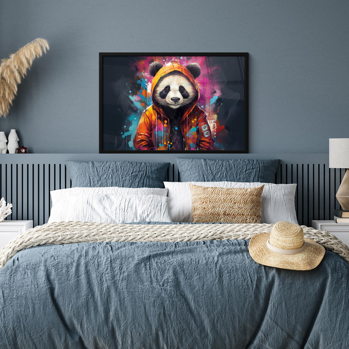 POSTER MIT RAHMEN Panda - Jacke - Graffiti - Orange 90x60 cm - Orange, Papier (90/60cm) - MuchoWow
