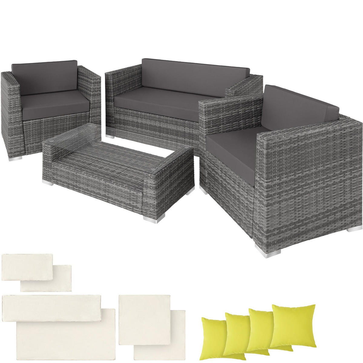RATTANLOUNGE München,mit Sicherheitsglasplatte,grau - Grau, Kunststoff - tectake