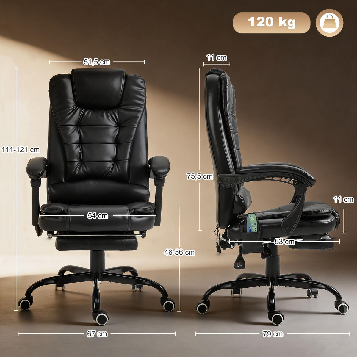 MASSAGESESSEL Chefsessel mit Fußstütze Rückenpolster einstellbar PVC Schwarz - Schwarz, Kunststoff/Metall (79/121/67cm) - Vinsetto