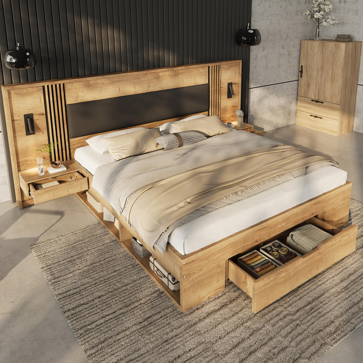 BETT 160/200 cm in Natur mit Schublade, Stauraum, Leselampen und Nachttischen MDF modern - Naturfarben, Holzwerkstoff (160/200cm) - STILVORA