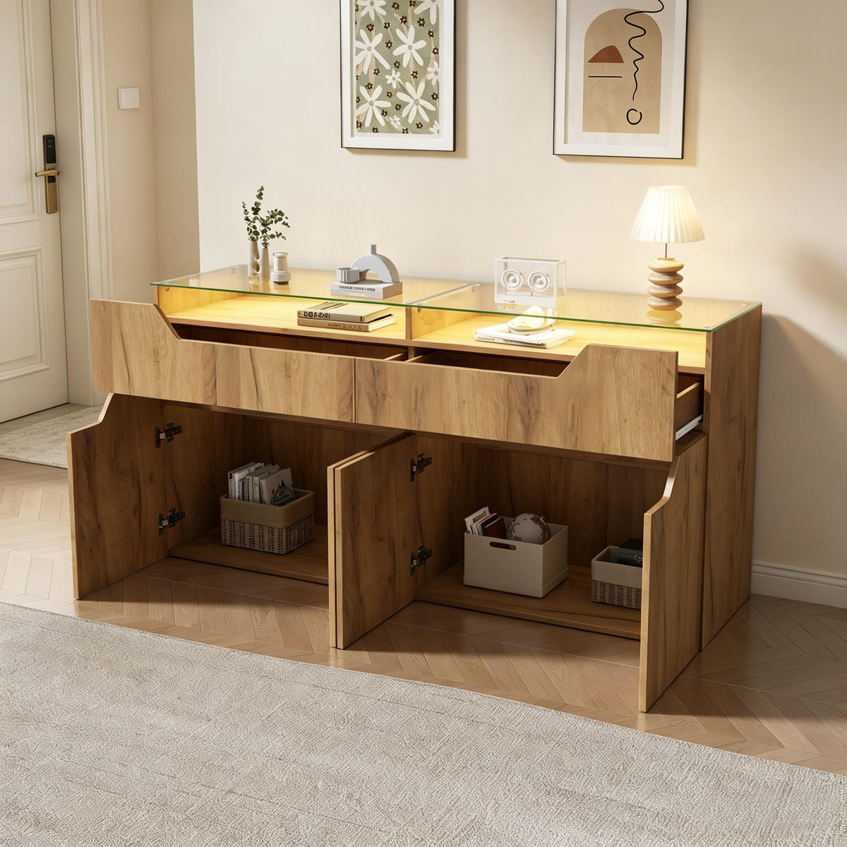 SIDEBOARD Holzoptik MDF 2 Schubladen Glasplatte 140cm Modern - Naturfarben, Holzwerkstoff (140/70/40cm) - FLIEKS