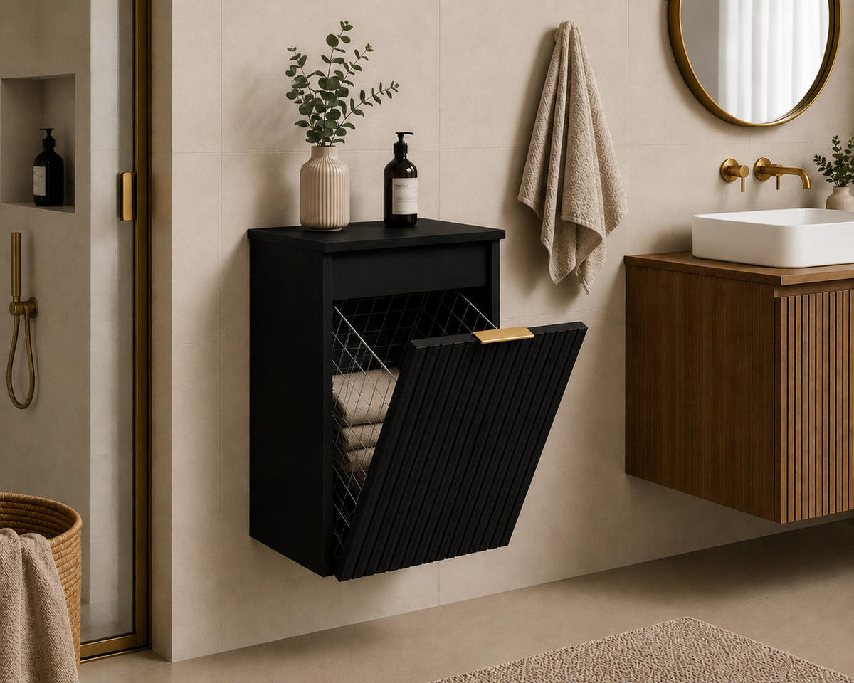 BADEZIMMERSCHRANK MIT WÄSCHEKORB: Schwarz / Platte Schwarz, Griff Gold, 40 x 46 x 58,6 cm - Schwarz, Holzwerkstoff (40/58.6/46cm) - 3XE LIVING
