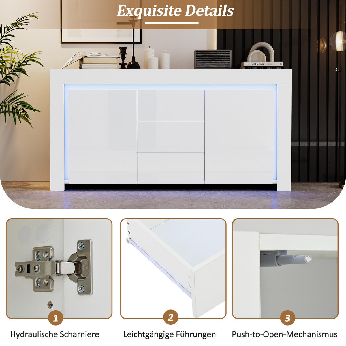 SIDEBOARD 140 cm 2 Türen, 3 Schubladen, LED-Beleuchtung, Hochglanz, Weiß & Schwarz Verstellbare Einlegeböden - Weiß Hochglanz, Holzwerkstoff (140/65/40cm) - Urban Meuble
