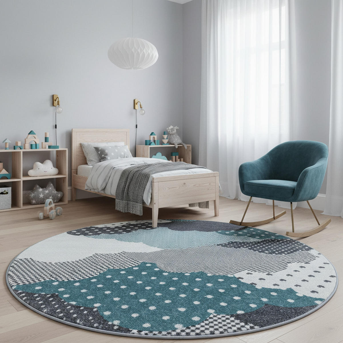 SPIELTEPPICH Wolken Kindgerecht Waschbar Kinderzimmer Schadstoffgeprüft Rund Blau 120x120 cm – NOLA - Blau, Textil (120/120cm) - KADIMA DESIGN