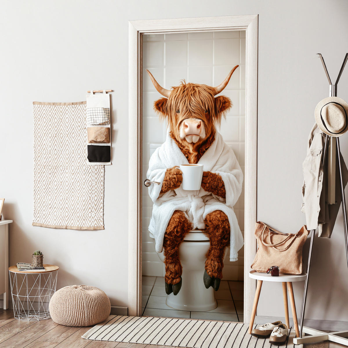TÜRAUFKLEBER Selbstklebend - Schottisches Hochlandrind - WC - Bademantel - Modern - Tiere 95x235 cm - Türtapete - Kastanienfarben, Kunststoff (95/0.1cm) - MuchoWow