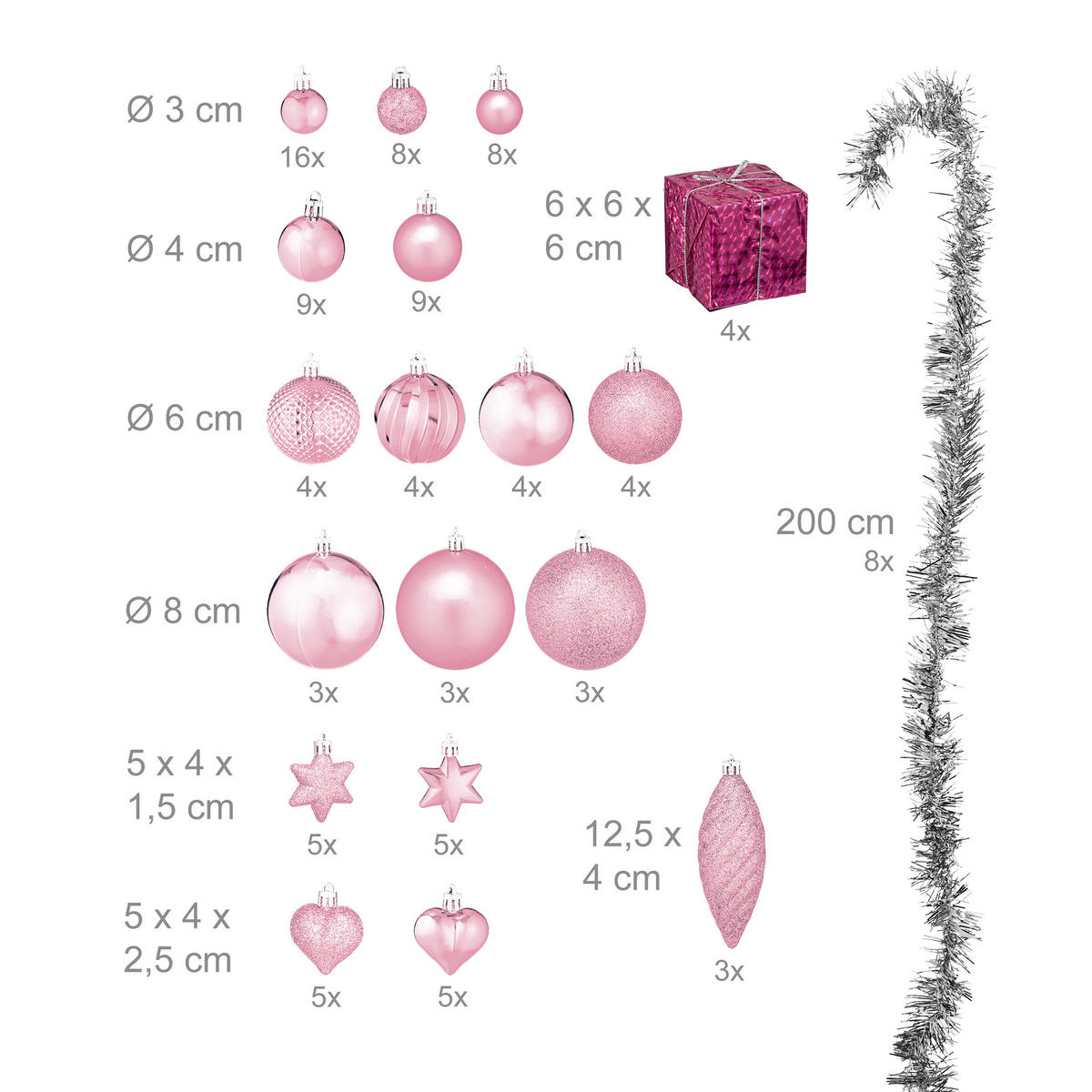 WEIHNACHTSKUGELN-SET 110-tlg. - Rosa, Kunststoff (8/9/8cm) - Relaxdays