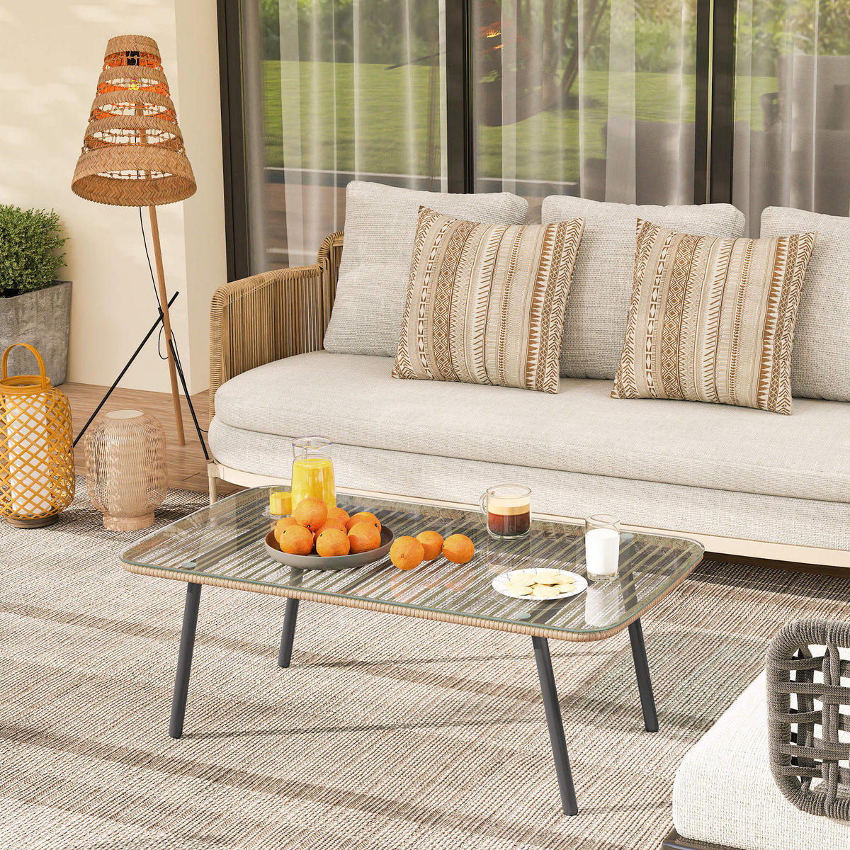 GARTENBEISTELLTISCH DE-13632 rechteckig mit Glasplatte, Holzoptik Natur - Naturfarben, Metall (110/60/40cm) - ComfortXL