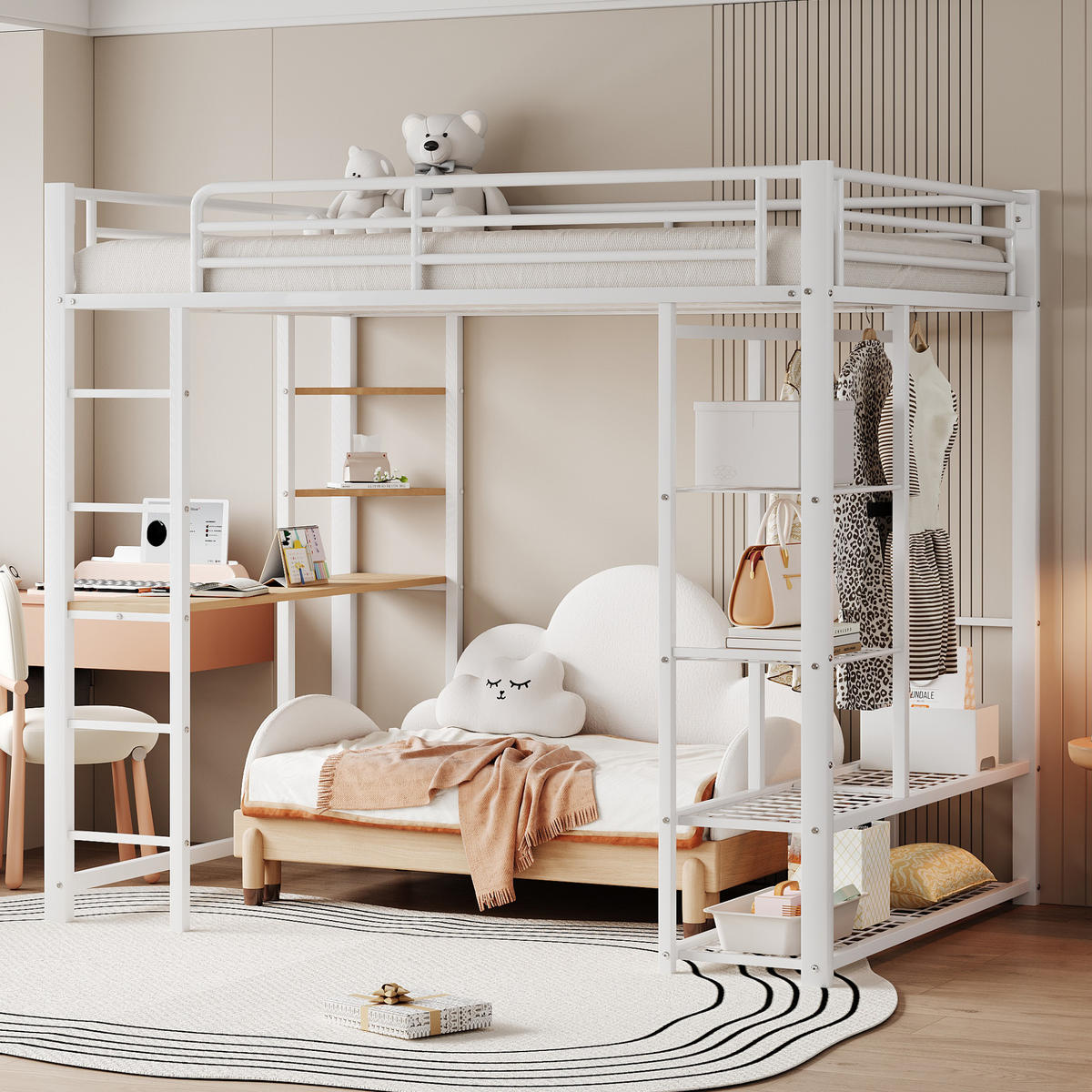 HOCHBETT 140/200 cm weiß aus Metall mit Schreibtisch und Kleiderstange - Weiß, Metall (140/200cm) - OKWISH