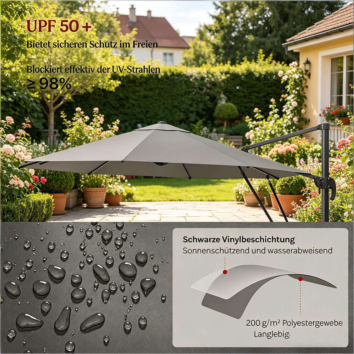 SONNENSCHIRM Rund Metall 306x167x207cm Dunkelgrau Mit Kreuzfuß - Dunkelgrau, Textil (167/306cm) - Raelunyi