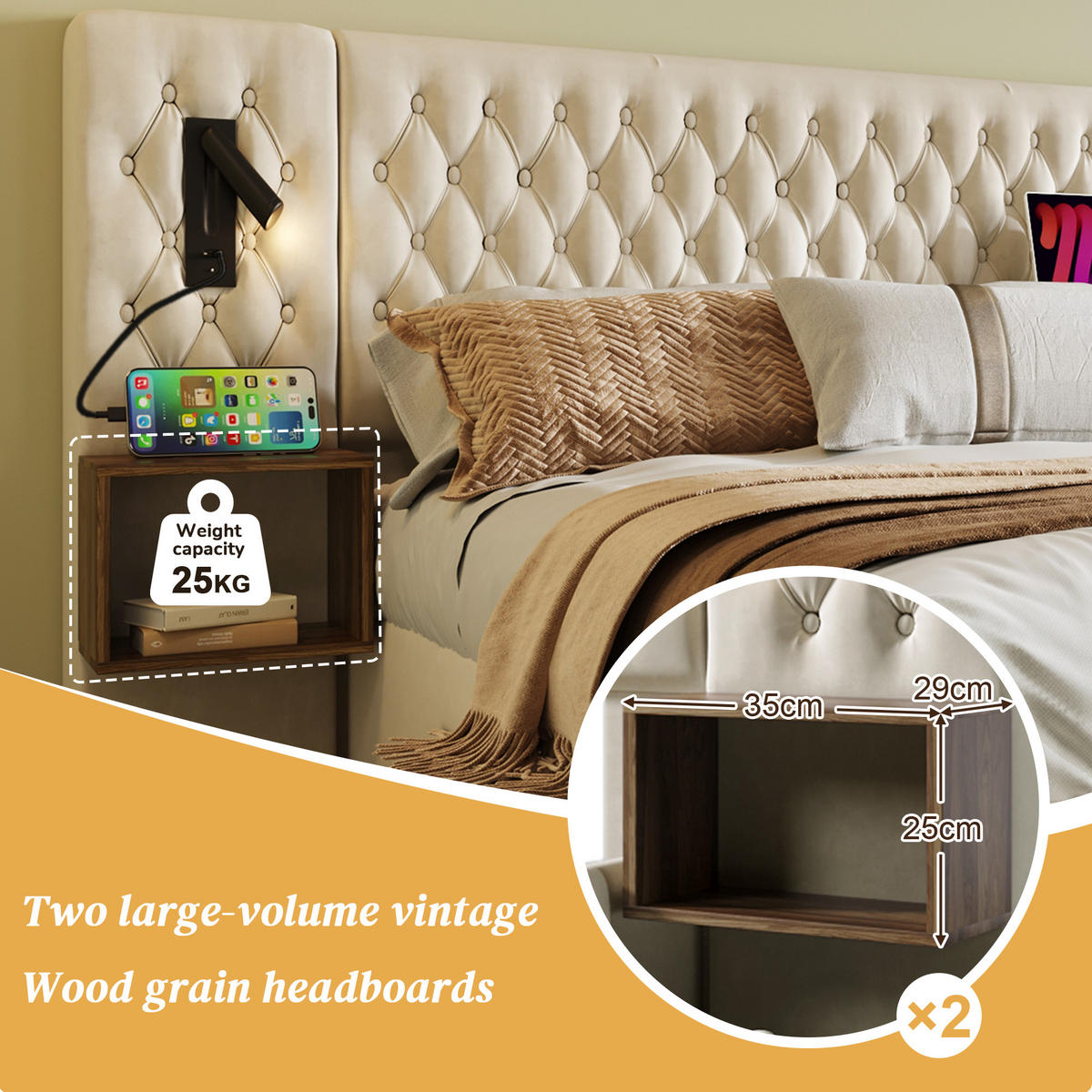 POLSTERBETT aus Samt 180x200 cm in Beige mit LED-Leselicht & USB/Typ-C - Beige, Textil (180/200cm) - Modfu