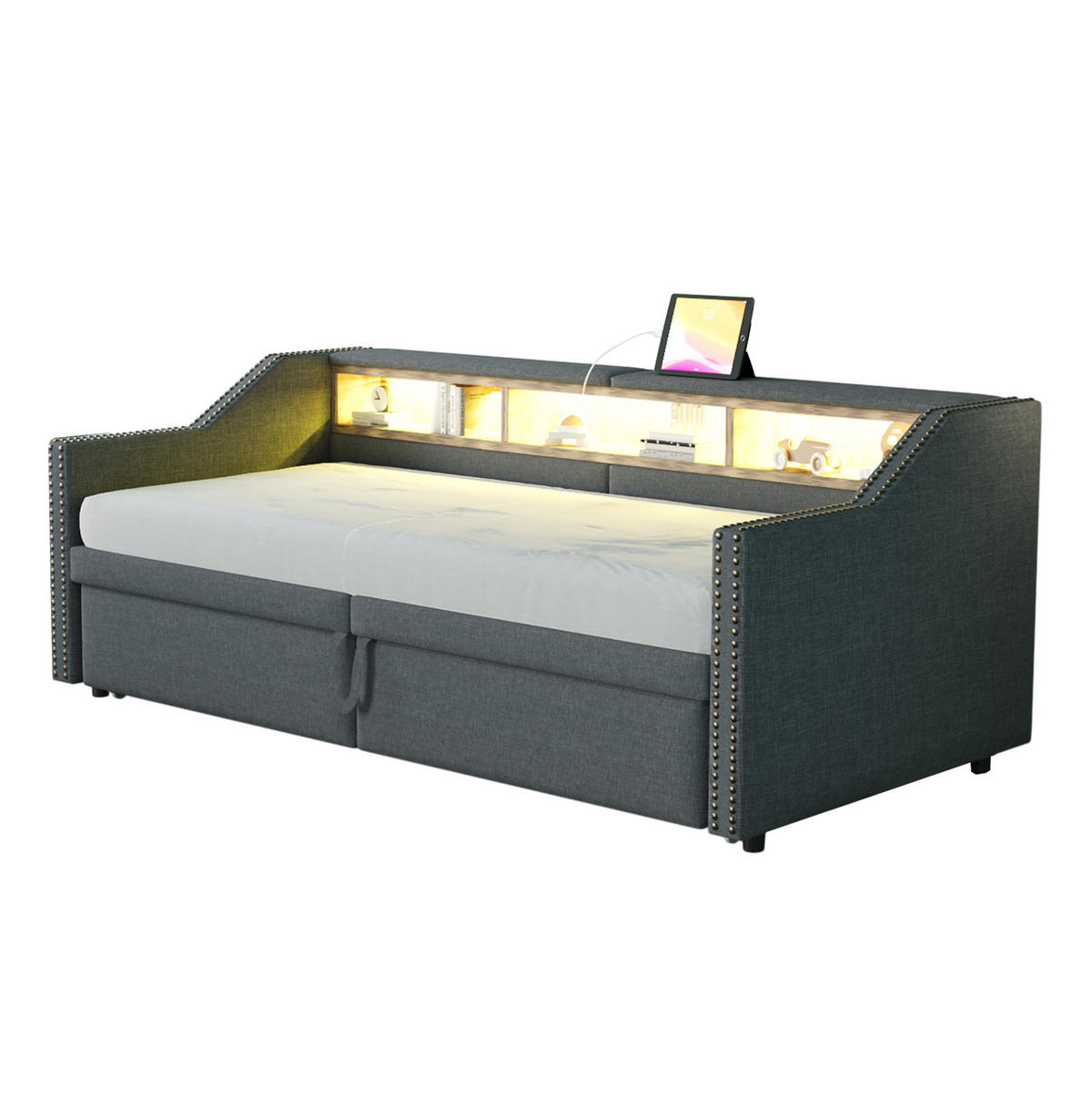 BETT aus Leinen 90/180x200 cm Dunkelgrau mit Ausziehbett, LED, USB und 3 Ablagefächern - Dunkelgrau, Textil (90/190cm) - Modfu