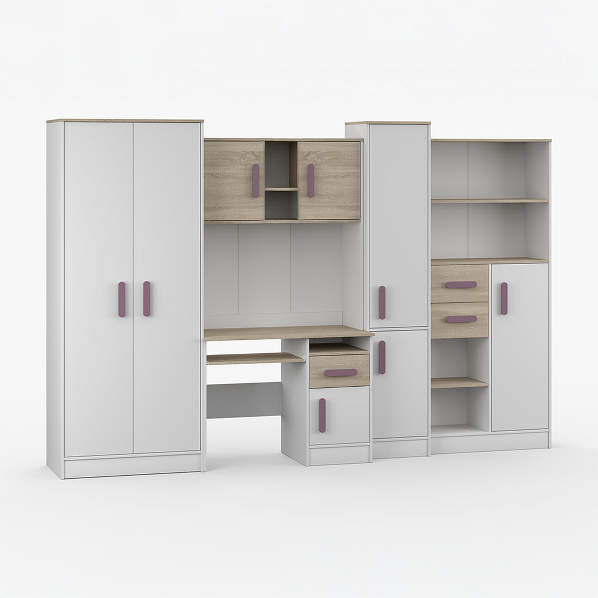 WOHNWAND Markus Weiß Sonoma Eiche mit griffenfarbe: Erik - Lila/Weiß, Holzwerkstoff (300/197/52cm) - imoebel24