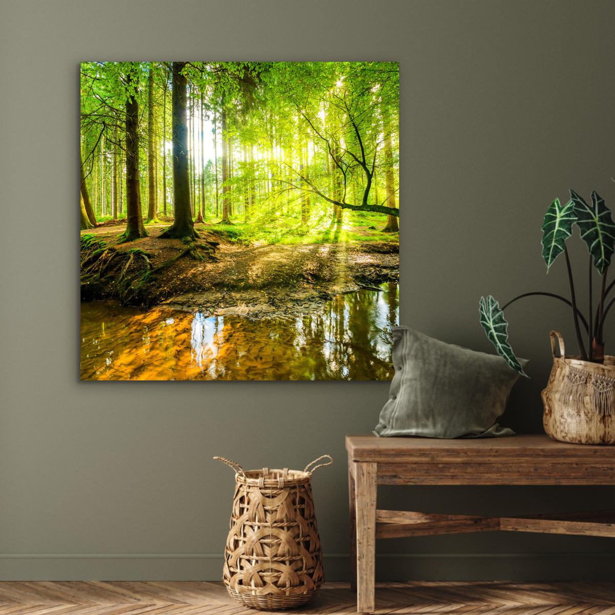METALLBILD Wald - Landschaft - Wasser - Bäume - Sonne - Grün - Natur 90x90 cm - Grün, Metall (90/90cm) - MuchoWow