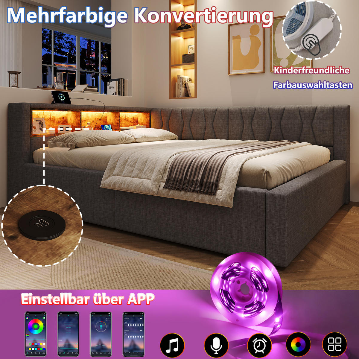 DENNÍ POSTEL 140x200cm Pohovka Úložná LED USB Šedá - šedá, přírodní materiály (140/200cm) - FLIEKS