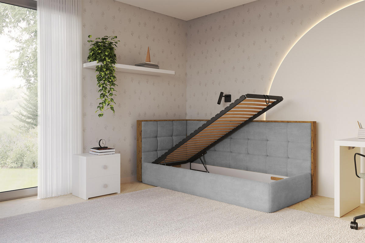 EINZELLBETT Jugendbett mit Bettkasten, Rechts - SOVY 100x200 Grau - Silberfarben, Holzwerkstoff/Textil (100/200cm) - ALTDECOR