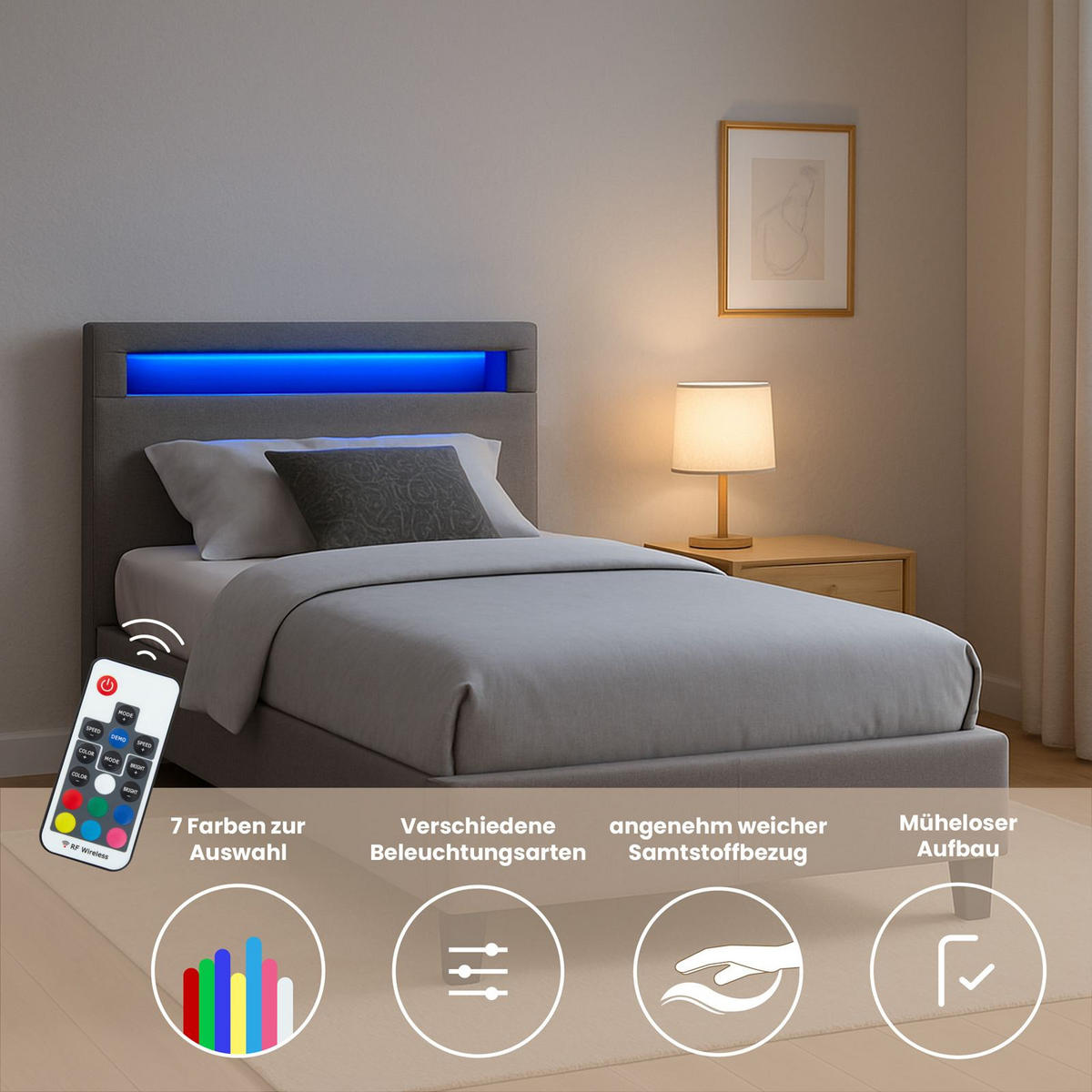 POLSTERBETT MIT LED HIMALAYA 90X200 CM - Grau, Textil (90/200cm) - CARO-Möbel