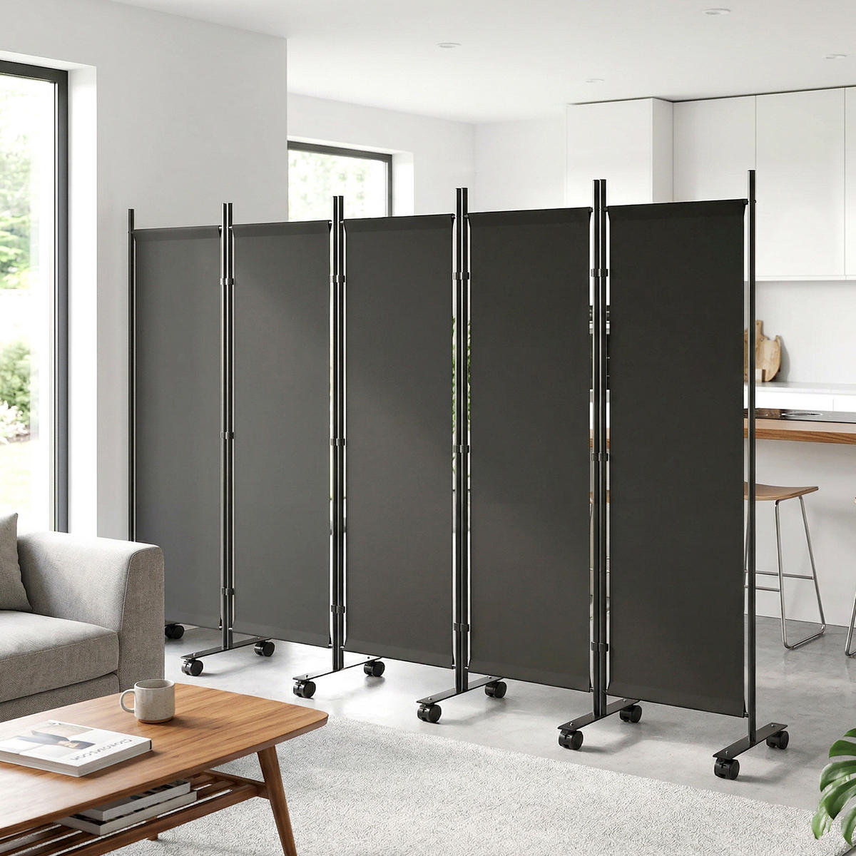 RAUMTEILER,5-TEILIG Stahl mit Rollen Clips,schwarz - Schwarz, Metall (252/170cm) - Vallsero