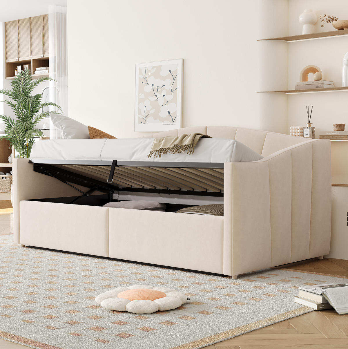 SAMT-POLSTERBETT 90/200 cm mit Bettkasten und Armlehnen in Beige - Beige, Textil (90/200cm) - BEAOK