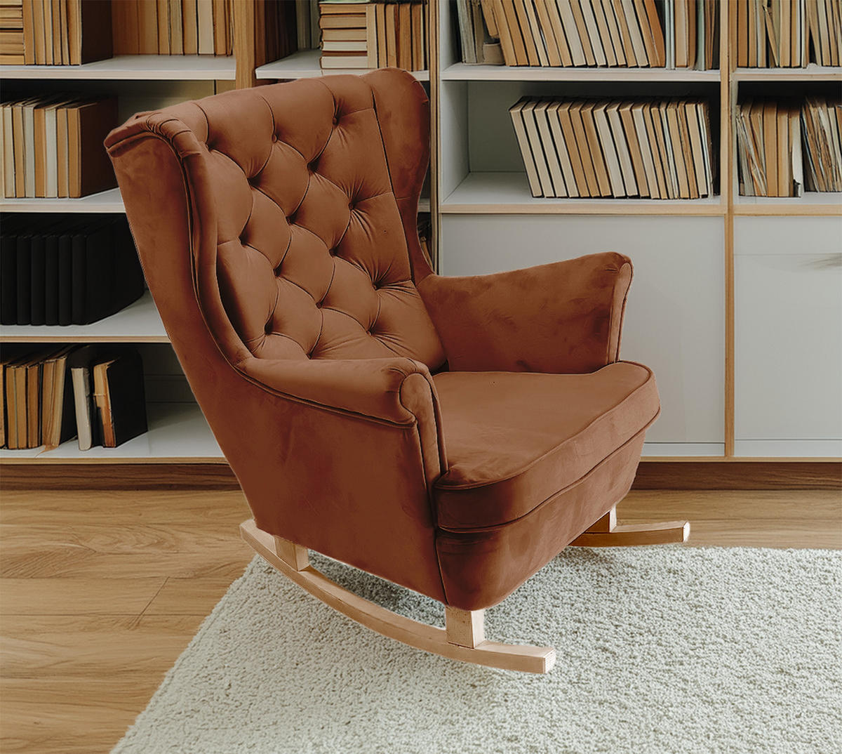 SCHAUKELSESSEL mit gepolstertem Sitz und Armlehnen, 102x81x95 cm, Dunkelbraun_29828 - Buchefarben/Haselnussfarben, Holz/Textil (81/102/95cm) - DomoHome