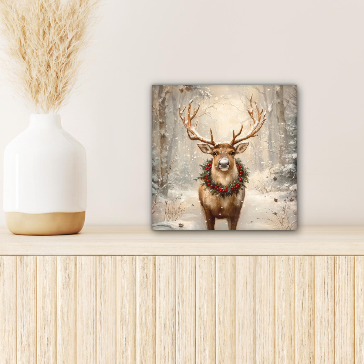 LEINWANDBILD Weihnachten - Rentier - Winter - Kranz 20x20 cm - Naturfarben, Textil (20/20cm) - MuchoWow