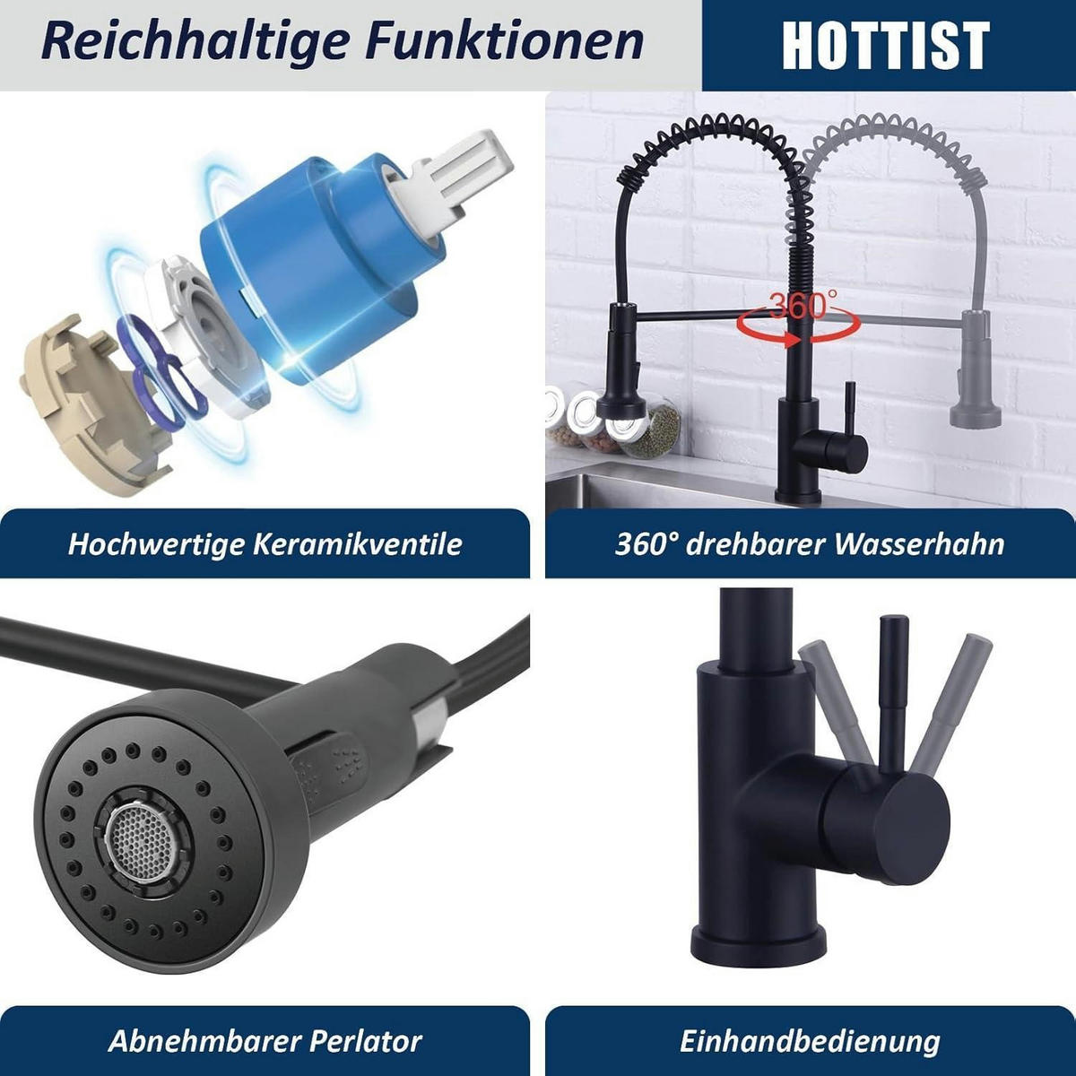 KÜCHENARMATUR Schwarz mit Brause Ausziehbar 360° Drehbar 2 Sprühfunktionen - Schwarz, Metall (20/4/30cm)