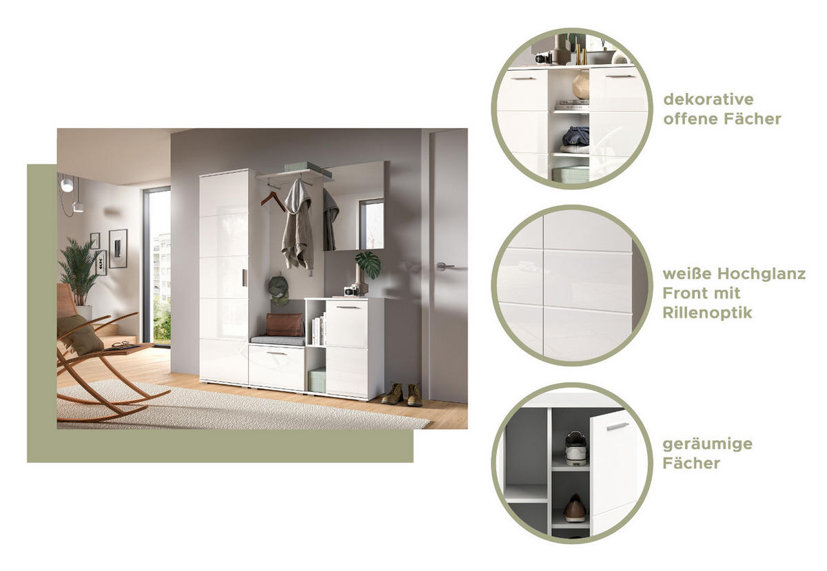 KOMMODE weiß Hochglanz 110 cm, Schuhkommode mit 10 Fächern - Weiß Hochglanz/Silberfarben, Holzwerkstoff/Kunststoff (110/107/37cm) - Inn.Furn