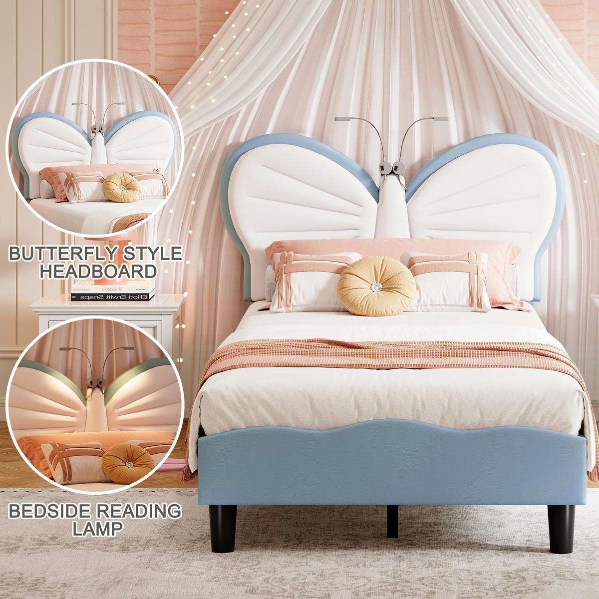 POLSTERBETT 90x190 cm Kinderbett mit Schmetterling Kopfteil, LED Leselicht, Blau Weiß - Blau, Metall (90/190cm) - EuroLiving