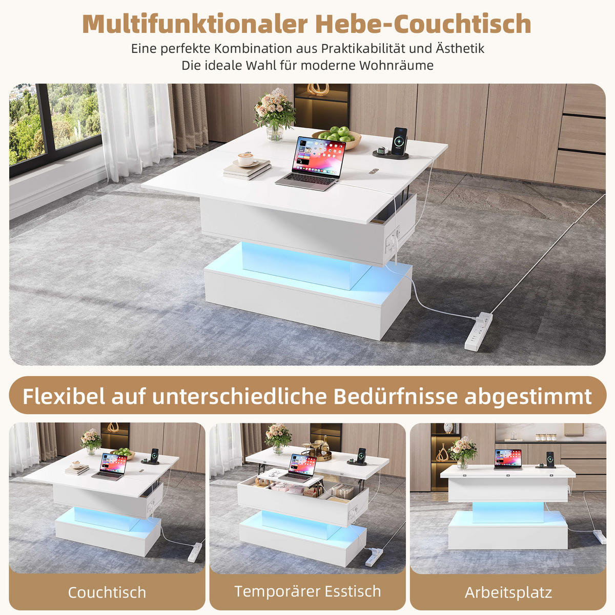 COUCHTISCH 100x50x51.5 cm Weiß LED Lift USB Steckdose Stauraum - Weiß, Holzwerkstoff (100/50/51.5cm)