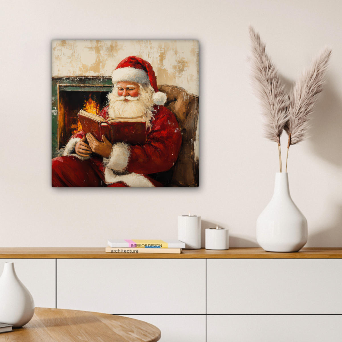 LEINWANDBILD Weihnachten - Weihnachtsmann - Winter - Open Fireside 50x50 cm - Dunkelrot, Textil (50/50cm) - MuchoWow