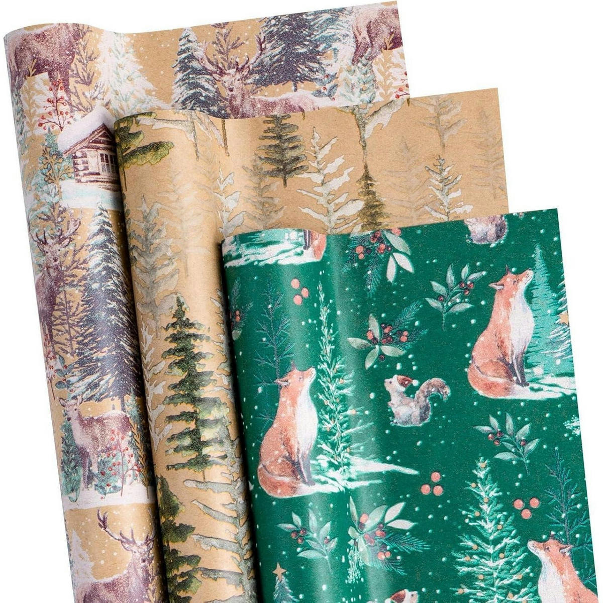 GESCHENKPAPIER 3er Set Kraftpapier Weihnachten Fuchs Rentier Baum 43,2 cm x 3 m - Multicolor, Papier (4/44/10cm)
